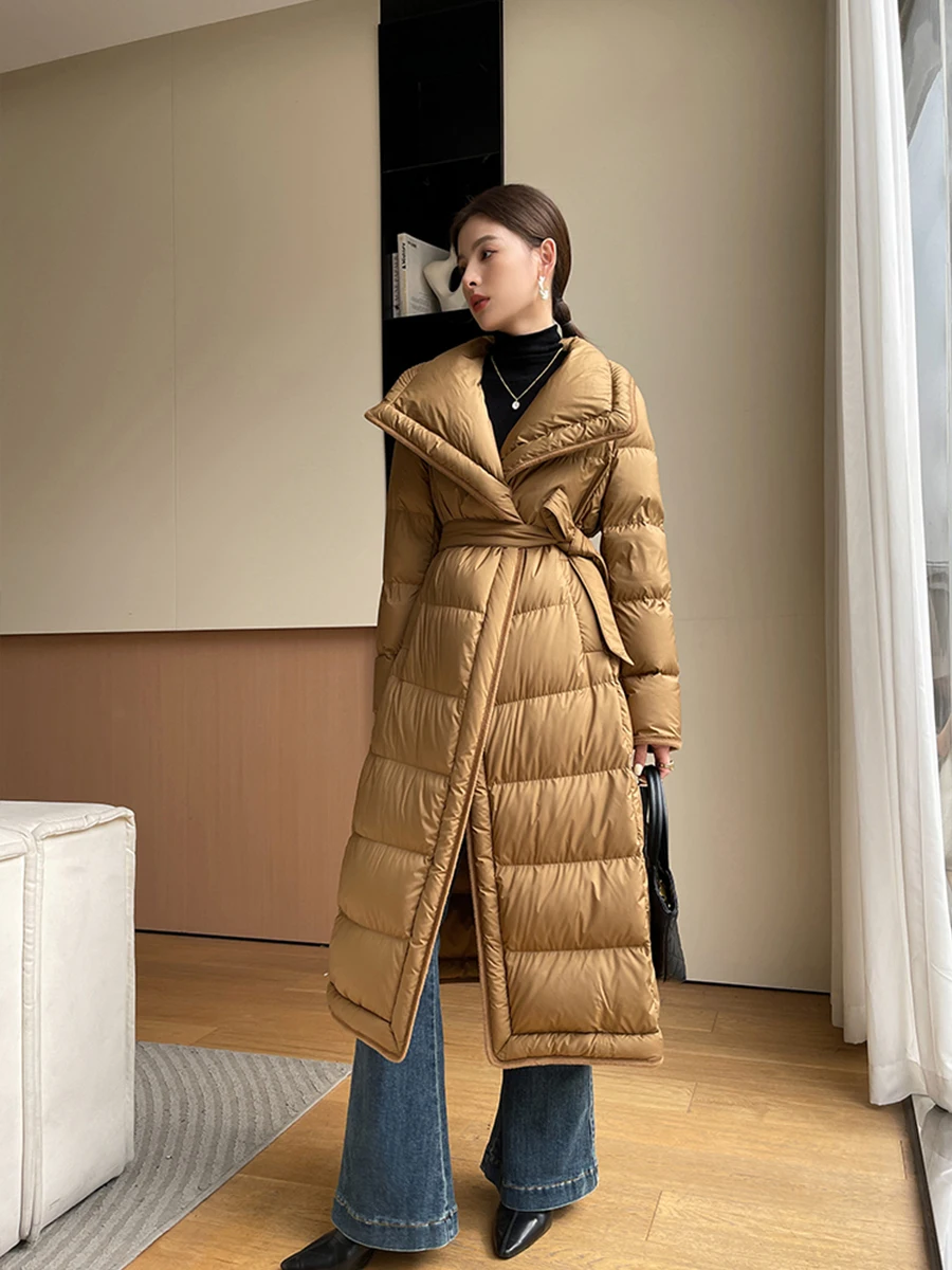 Turtleneck Hooded Down Parkas Women Long White Goose Down Coats High-end Fashion Thick Warm Slim Belted Winter Puffer Jacket