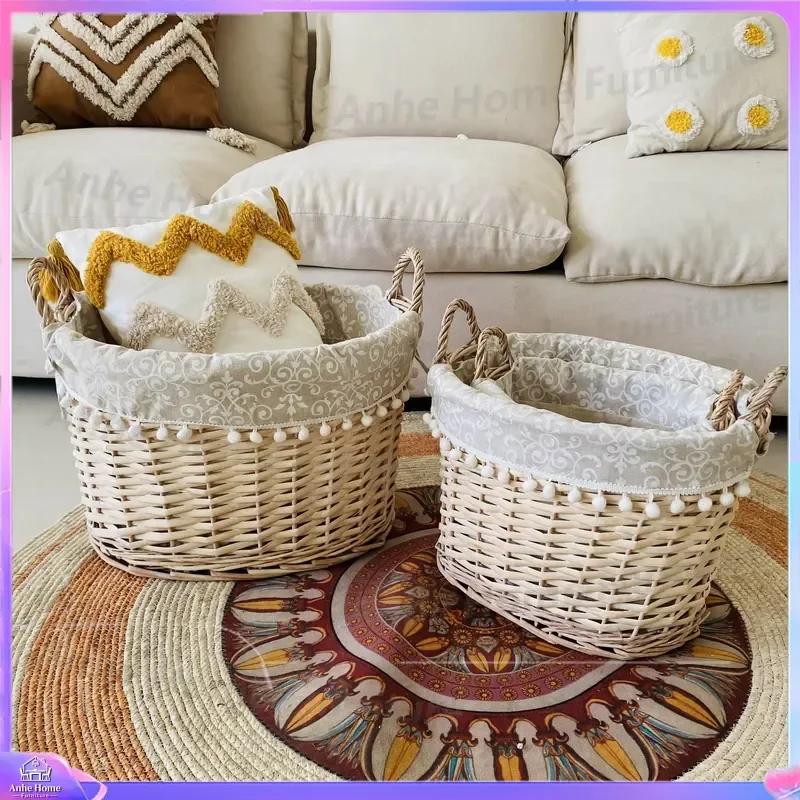 Hand Woven Rattan Storage Basket Eco Friendly Wicker Organizer for Home Office Fruit Vegetable Holder Decorative Laundry Bin