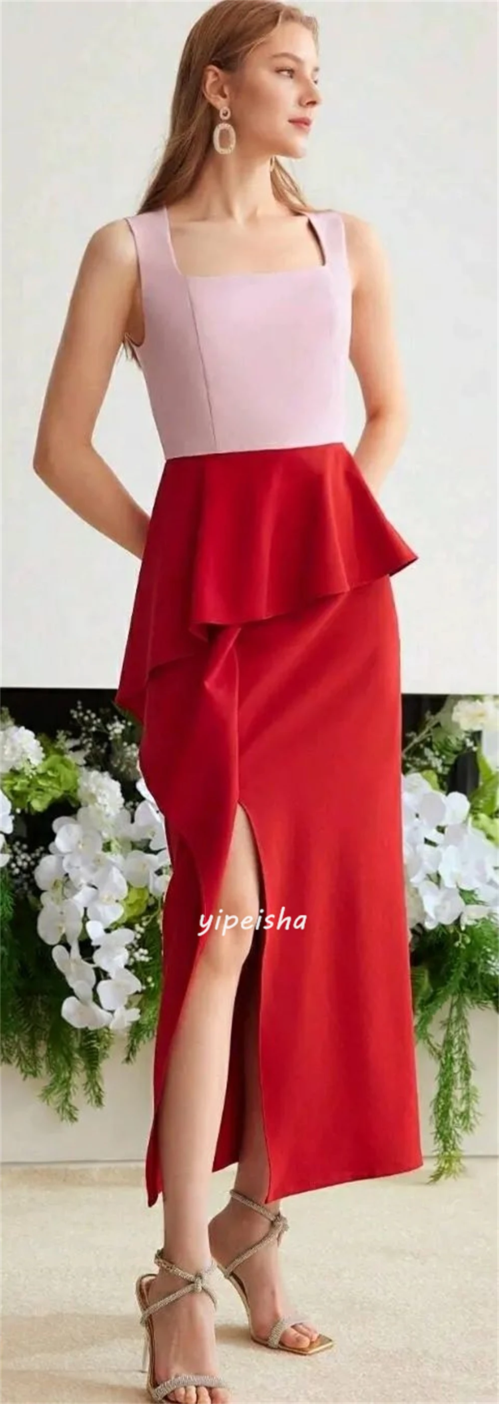 Customized Exquisite Jersey Ruffle Pleat Straight Square Neck Midi Dresses Celebrity Dresses Classic Modern Style Unisex Chinese