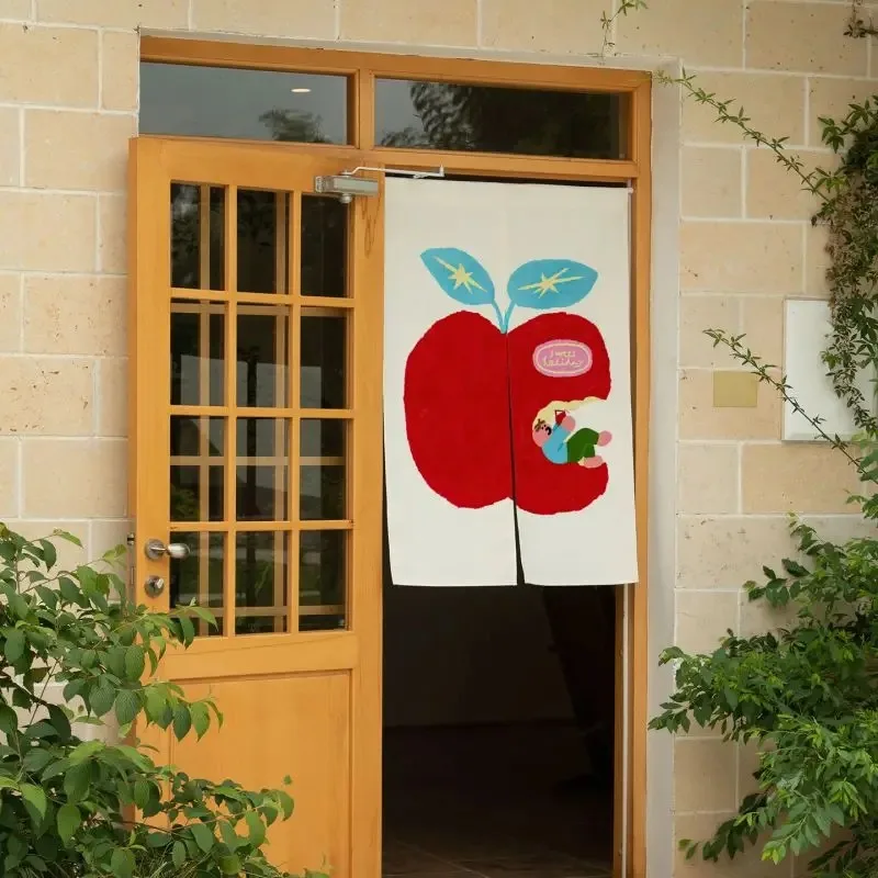 VIKAMA Cute Cartoon Apple Half-Door Curtain, Kitchen Dust-Proof Privacy Sliding Partition Curtain, Home Decoration