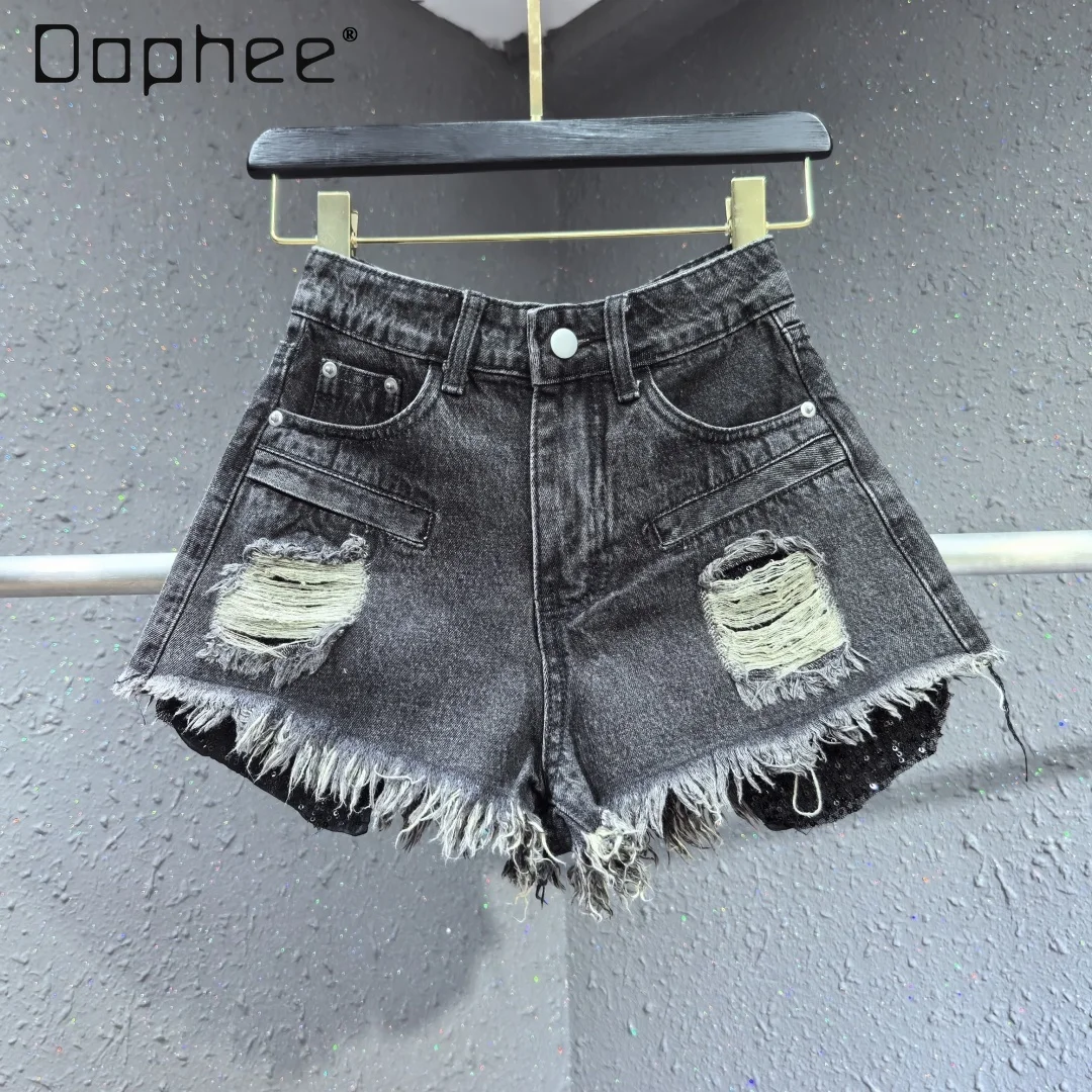 

Trend Ripped Tassel Rough Edge Loose Slim Wide-leg Denim Shorts Women Summer New Solid Color Versatile Casual Wide-leg Pants
