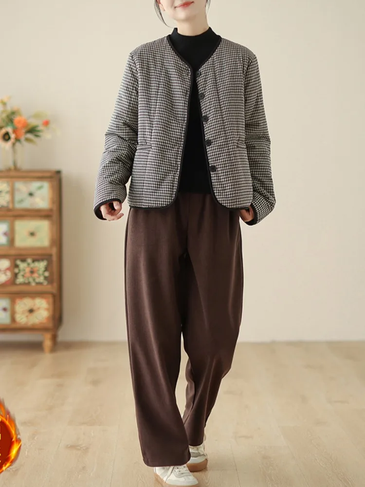 Thickened Cotton Quilted Outerwear Women's Winter Coat Artistic Plaid Loose Fit Home Wear Long Sleeve Button up Warm Coat 5