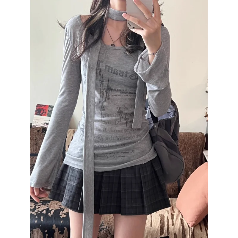 

Autumn and Winter Women's New Spliced pullover Round Neck Printed Long-sleeved T-shirt Base Top