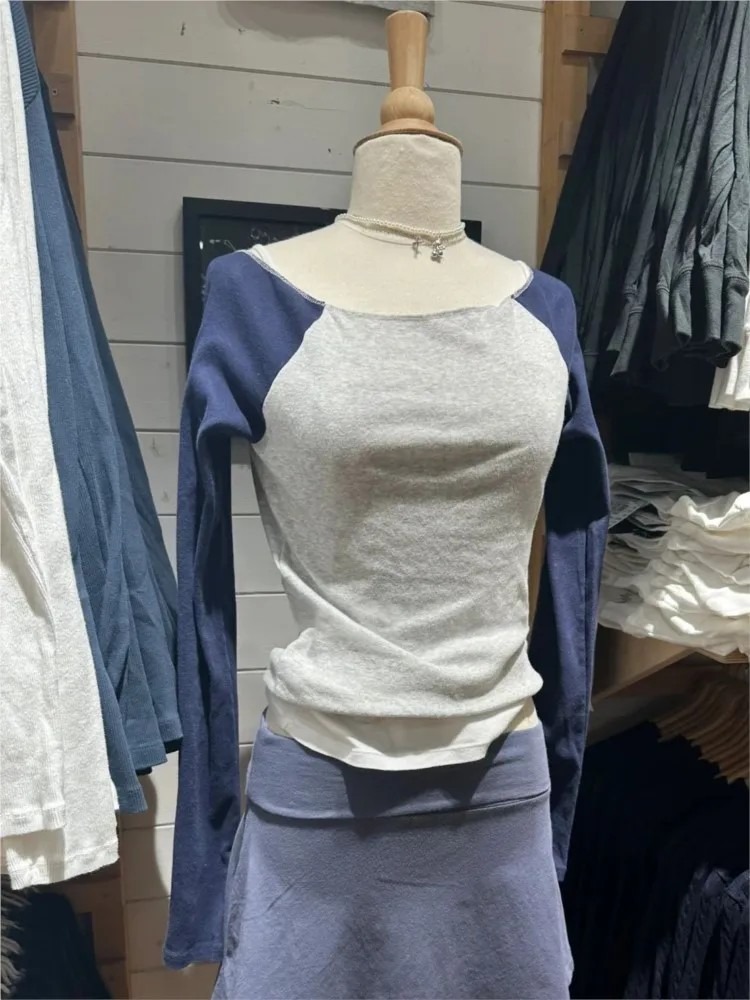 New Patchwork Long Sleeve T-shirt Women Spring Slash Neck Cotton Slim Tee Shirts Female Sweet Streetwear Vintage Tshirt Tops Y2K