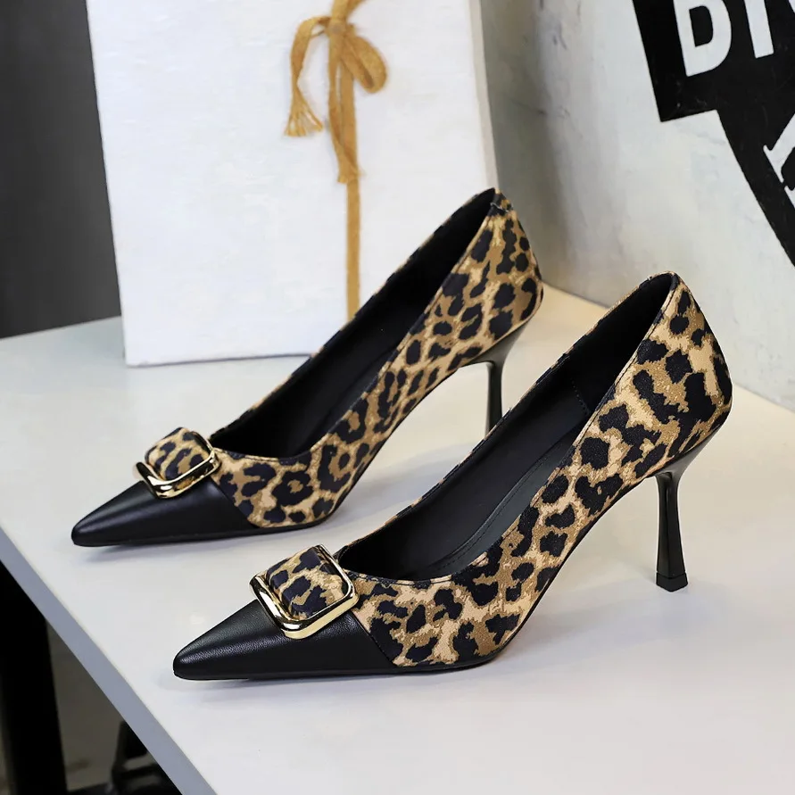 BIGTREE Shoes Metal Buckle Splicing Women Pumps Leopard Print High Heels Sexy Pointed Party Shoes Stiletto Heels 8 Cm Lady Shoes