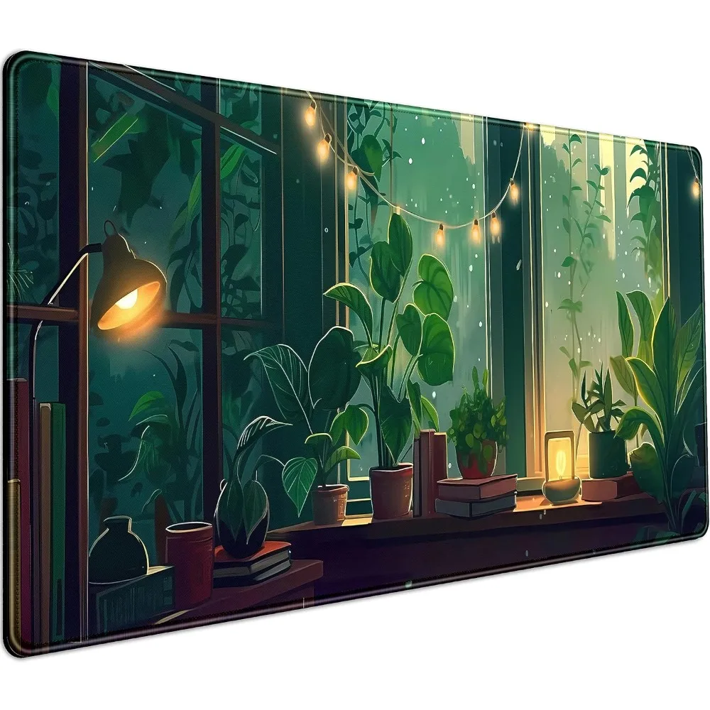 Linda Alfombrilla de Escritorio Verde Lofi con Plantas, Alfombrilla de Mouse Anime Bosque Estética Natural, para Laptop