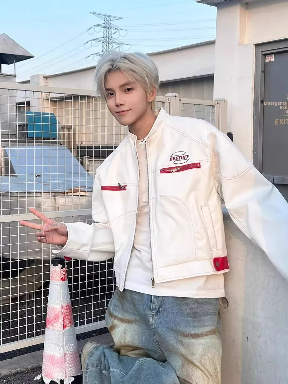 

Ретро американский High Street из искусственной кожи Jaet, мотоциклетная одежда для мужчин и женщин, весенне-осеннее модное пальто с воротником-стойкой