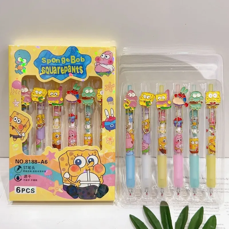 6Pcs Cartoon SpongeBob Gel Pens 0.5MM Balck Ballpoint Pen Cute Patrick Star Writing Gel Ink Pen for School Supplies Stationery