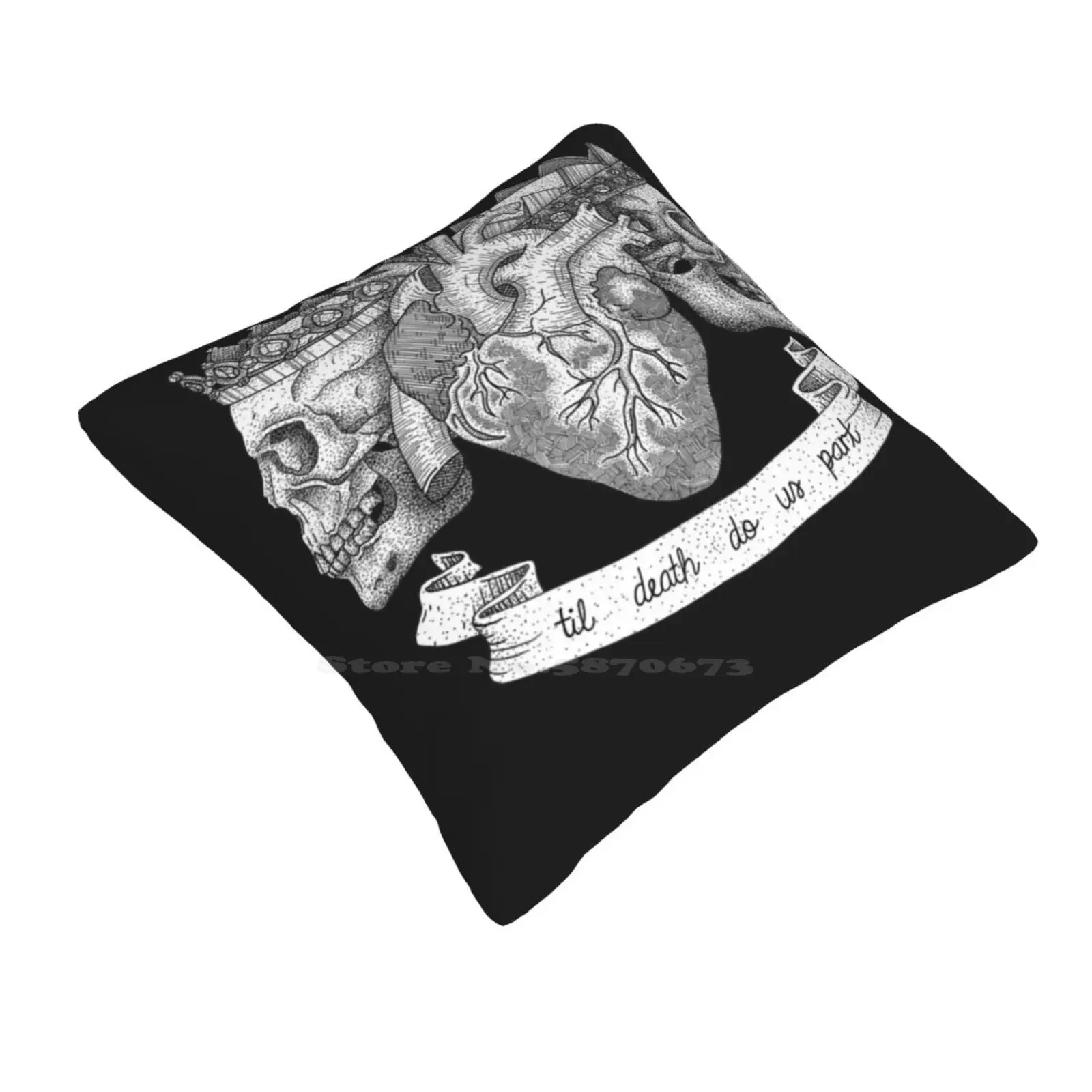 Til Death Do Us Part , Life And Death Illustration Pillowslip Pillowcase Ink Black White Grey Tattoo Death Skull Heart Pen Line