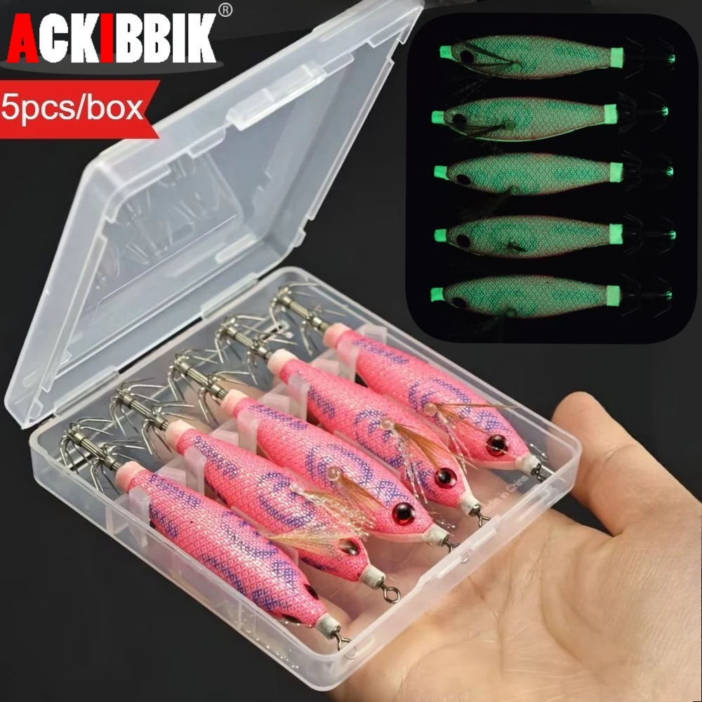 Conjunto de 5 Iscas Horizontais Egi de 8cm com Brilho, Isca de Pesca de Camarão Real para Água Salgada, Iscas UV para Lulas e Polvos