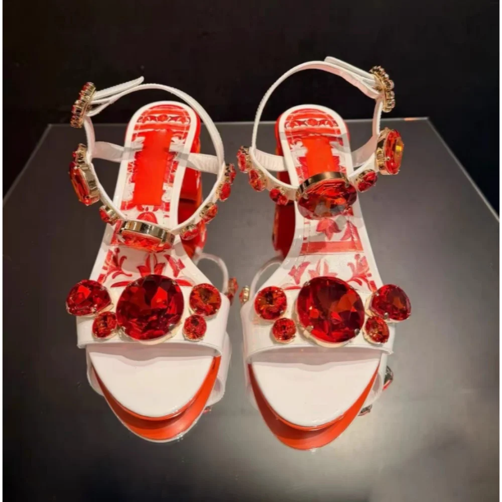 Bohemia Style Court Gemstones Heeled Sandals Colorful One Strap High Heels Lady Summer Slip On Slingback Shoes Flower Decor Shoe