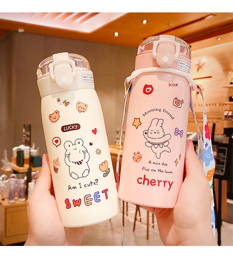 350ml/500ml Cute Water Bottle Thermos Cup Portable Kawaii Thermos Bottle with Straw and Stickers Kid Stainless Steel Thermal Mug