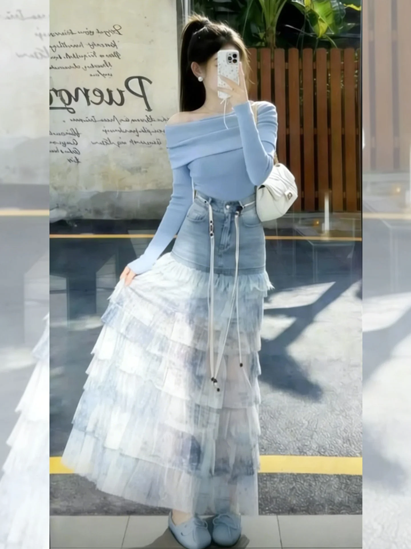 

High Waist A-Line Skirt Women's Denim Patchwork Mesh Summer New Style Elegant Drapey Bodycon Half-length Skirt