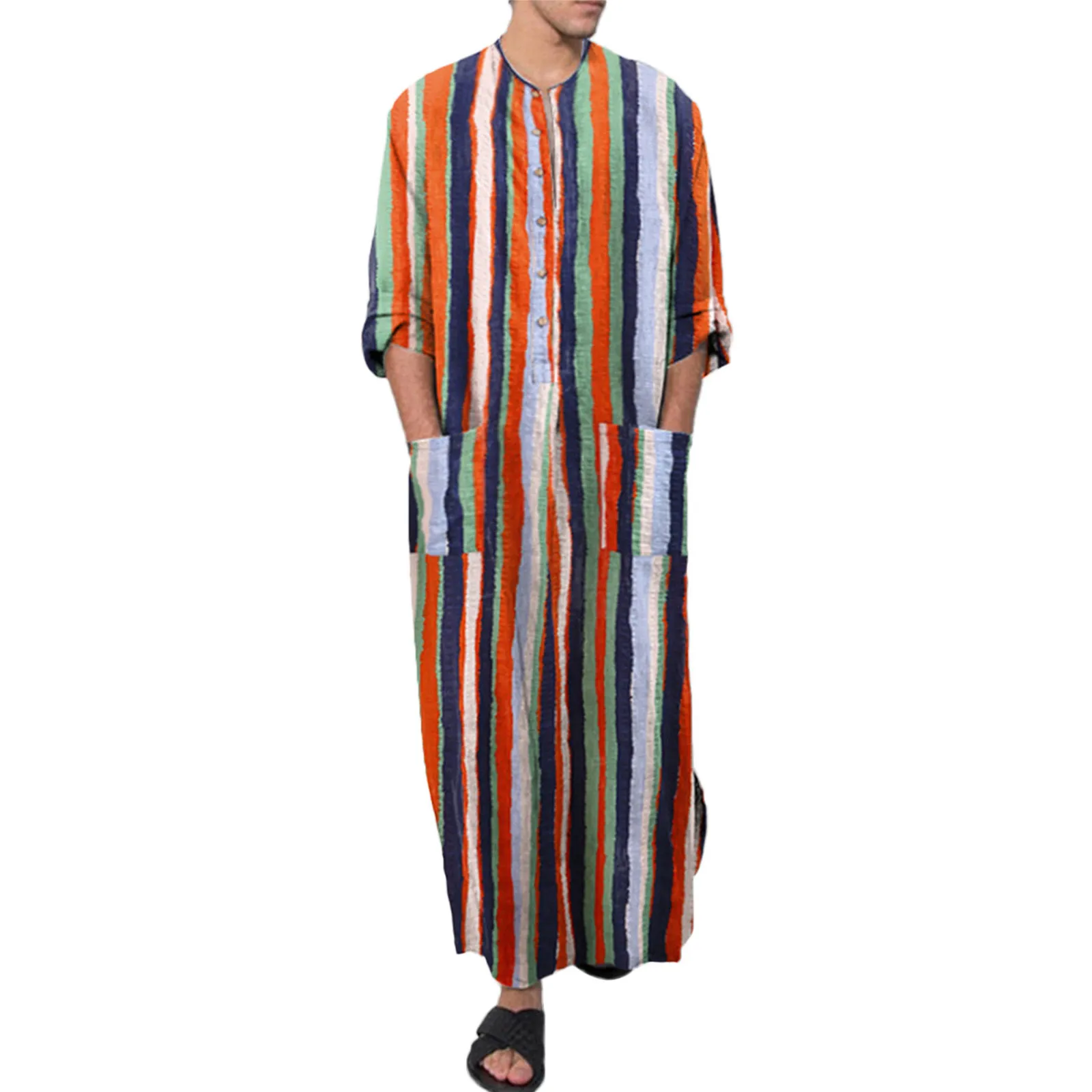 Men\'s Nightgown Robes Arabian Striped Shirt Ethnic Clothing Long Sleeves Retro Kimono House Skirt Cotton Bathrobe Lingerie S-5XL