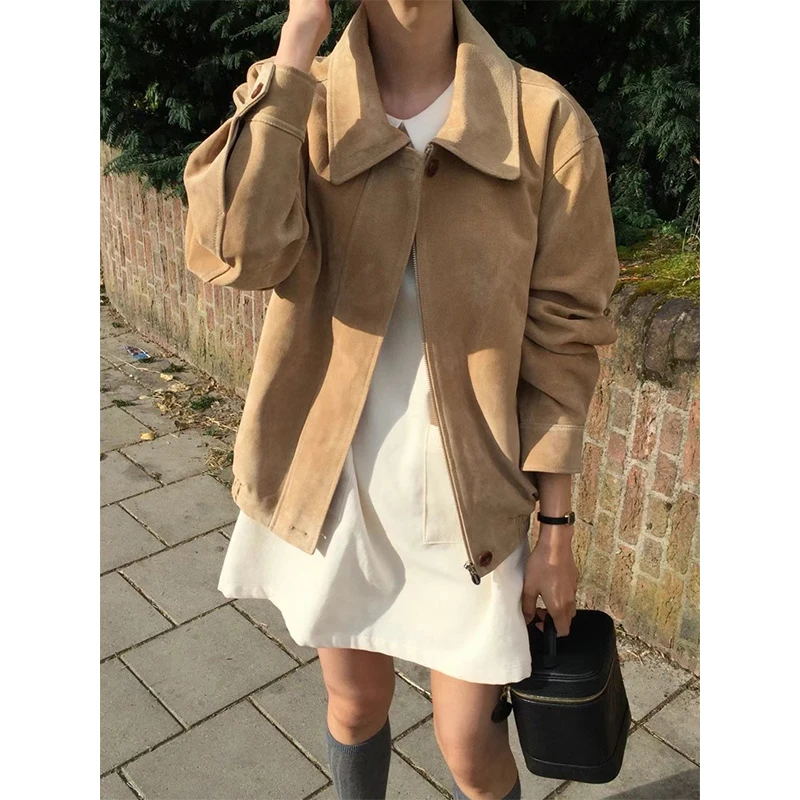 

Retro High-End ort Suede Jaet Women's Turn-down Collar Outerwear Dongda Gate 24 Autumn Elegance Faionable Zipper Closure
