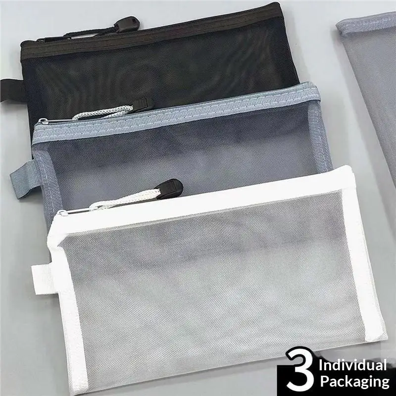 3 Pack Mesh Pencil Case Large Capacity Nylon Zipper Pouch Transparent Stationery Bag for School Office Travel Use