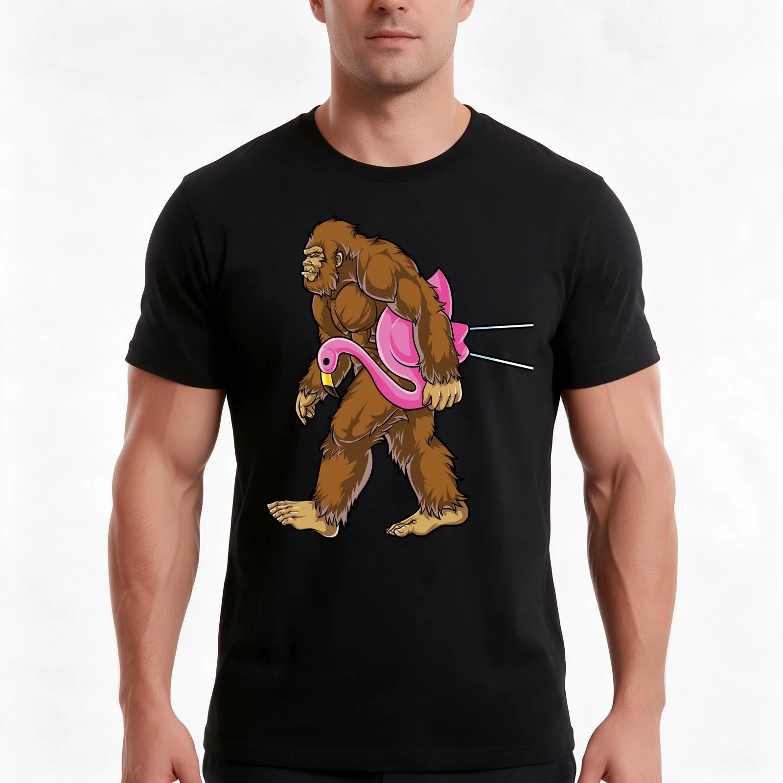 Bigfoot Carrying Lawn Flamingo T Shirt Funny Sasquatch Tees T-Shirt Summer Casual Cotton Tee, Unisex Men Women