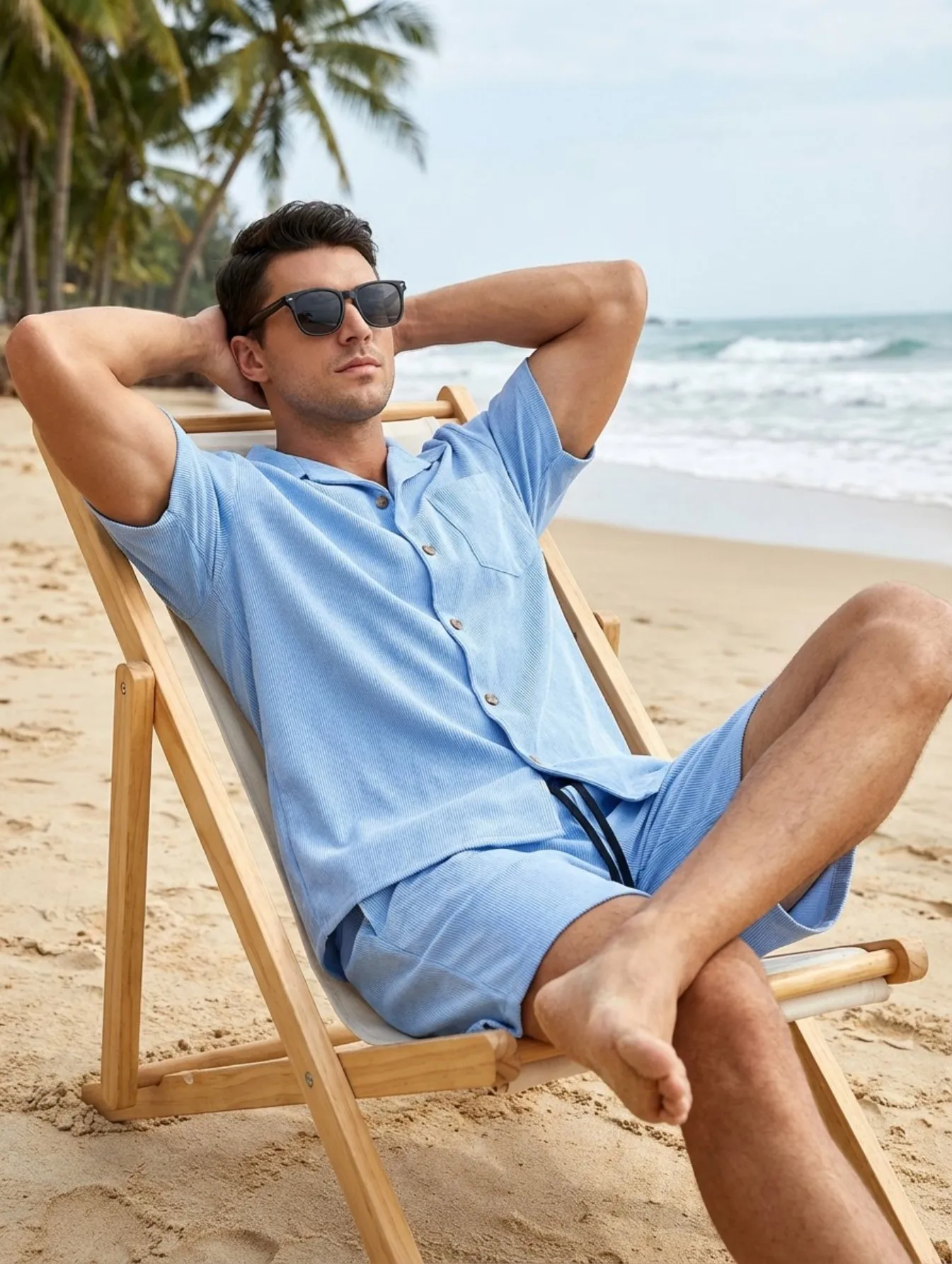 

Summer men's beach sports outfit with turned-down collar, open shirt, plain-colored top, drawstring casual shorts
