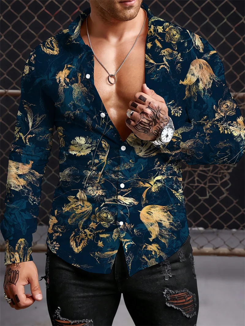 Ethnic style mens long sleeved shirt Autumn comfortable street clothing Men retro printed long sleeved shirt Fashion lapel shirt