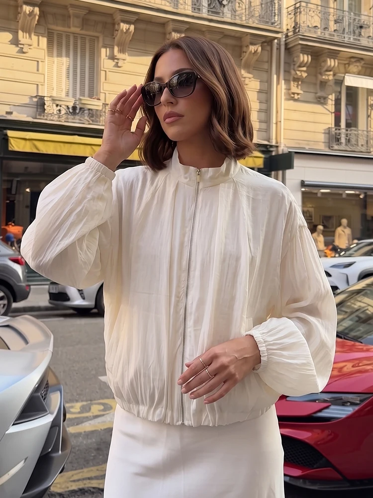 HH Women Spring Autumn Chic Off White Satin Bomber Jacket Stand Collar Zip Up Gathered Long Sleeve Elastic Hem For  Casual view 2