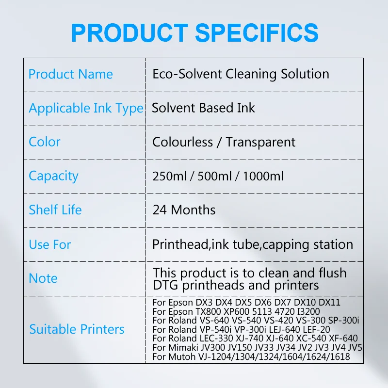Eco-Solvent Ink Cleaning Solution For Epson/Roland/Mimaki/Mutoh 1390 L800 L1800 DX5 DX7 TX800 XP600 5113 4720 I3200 Printhead