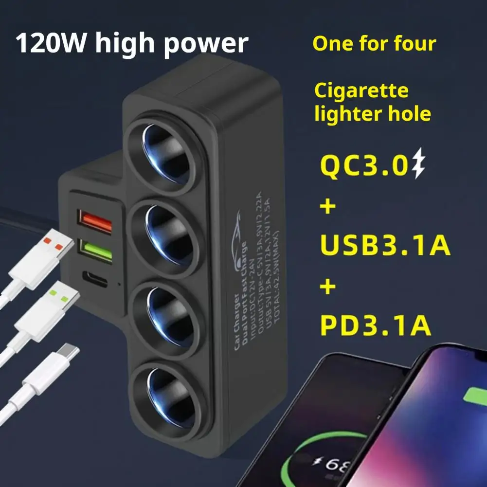 Car Charger 3 USB Ports QC3.0 And PD 3.1A 120W 4-Socket Built-in Safety Wire Fast Charging Car Ignitor Splitter for Cars SUVs