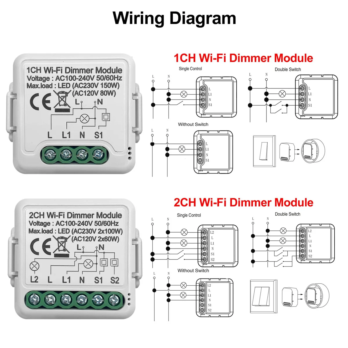 Tuya Wifi Smart Dimmer Switch Module 10A Support 2 Way Control 2 Gang Compatible for Google Home Alexa Smart Life App