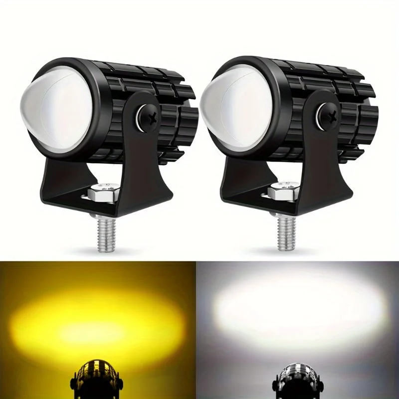 2pcs Universal Mini LED Driving Lights Modified White Yellow Dual Color Motorcycle Headlights Off-road Vehicle LED Spotlight Set