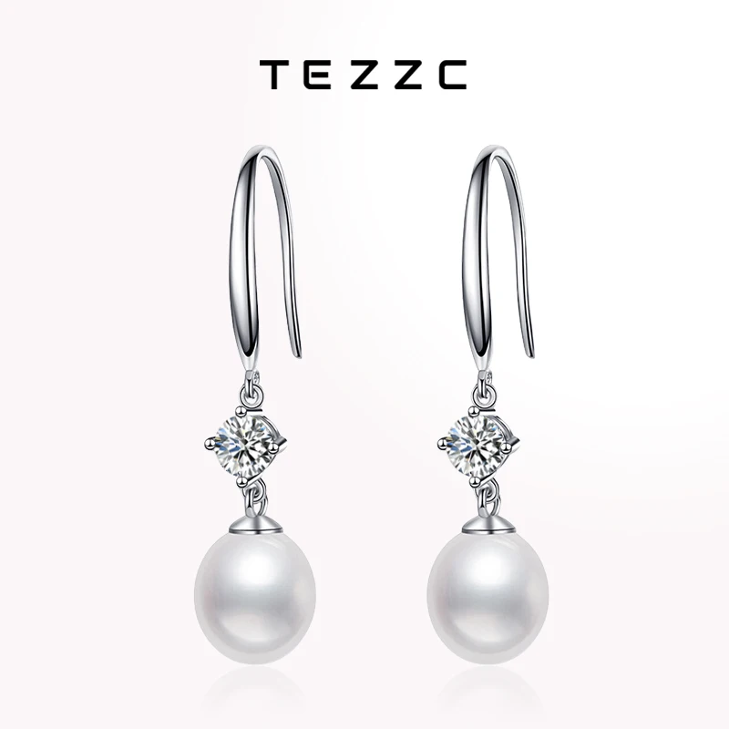 Tezzc Pearl Moissanite S925 Sterling Silver Long Earrings Women Wedding Engagement Fashion Jewelry Party Gift with Certificate