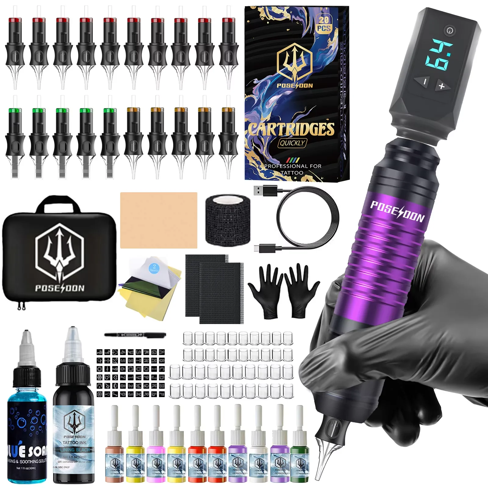 Tattoo Kit POSEIDON V5 Heißer Tattoo Stift Kit Für Permanent Make-Up Tattoo Maschine Kit Drahtlose Tattoo Netzteil Tattoo Gun Kit