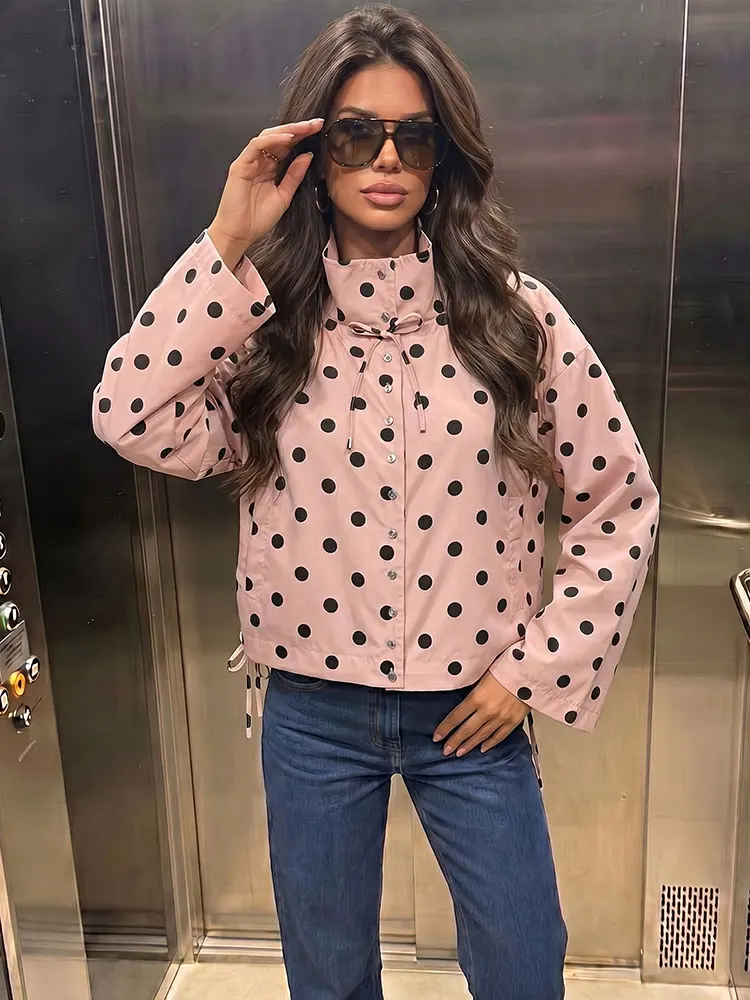 Minimalist Womens Polka Dot Cropped Jacket Long Sleeve Casual Office Workwear Business Chic Weekend High Street Outwear Coat