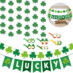 Green Hollow Lucky Shamrock Clover Fabric Triangle Banner Flag St. Patrick’s Day Party Shamrock Garland Hanging Decoration