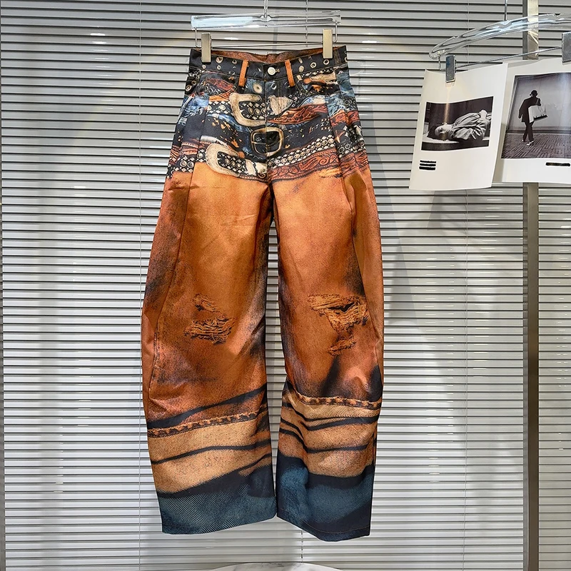 Female Trendy 3D Painting Belt Printed Design Jeans Hot Girl Spring High Street Loose Straight Wide Leg Casual Denim Pants
