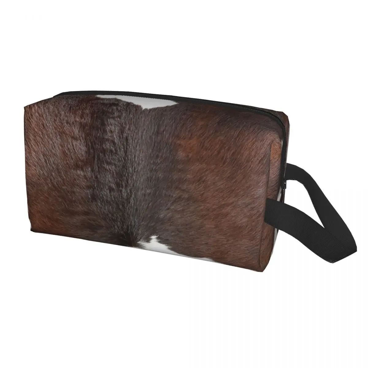 Modern Cowhide Faux Leather Detail Makeup Bag for Women Travel Cosmetic Organizer Cute Animal Hide Leather Storage Toiletry Bags
