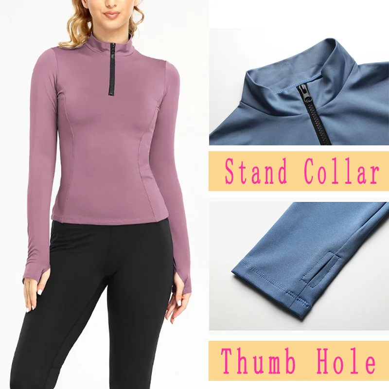 PofyBofy Zipper Thumb Hole Slim Fit Quick Dry Base Long Sleeve Yoga Women Jacket Elastic New Top Yoga Fitness Exercise Sportwear