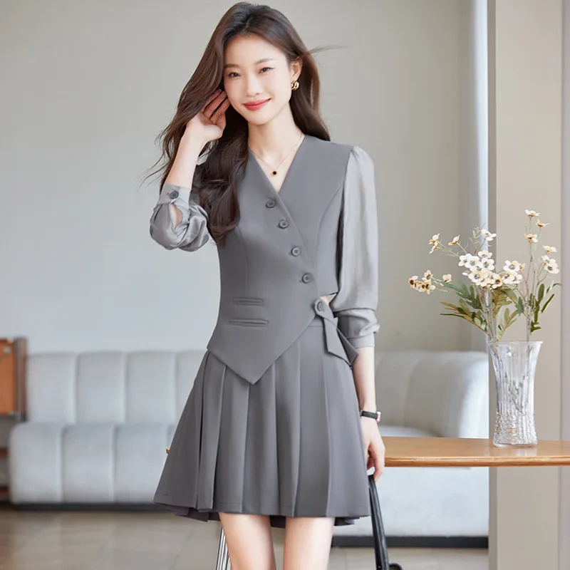 Black Suit Jacket Women's Spring and Autumn High-Grade Business Wear Dignified Goddess Fan High-End Pleated Skirt Suit Small