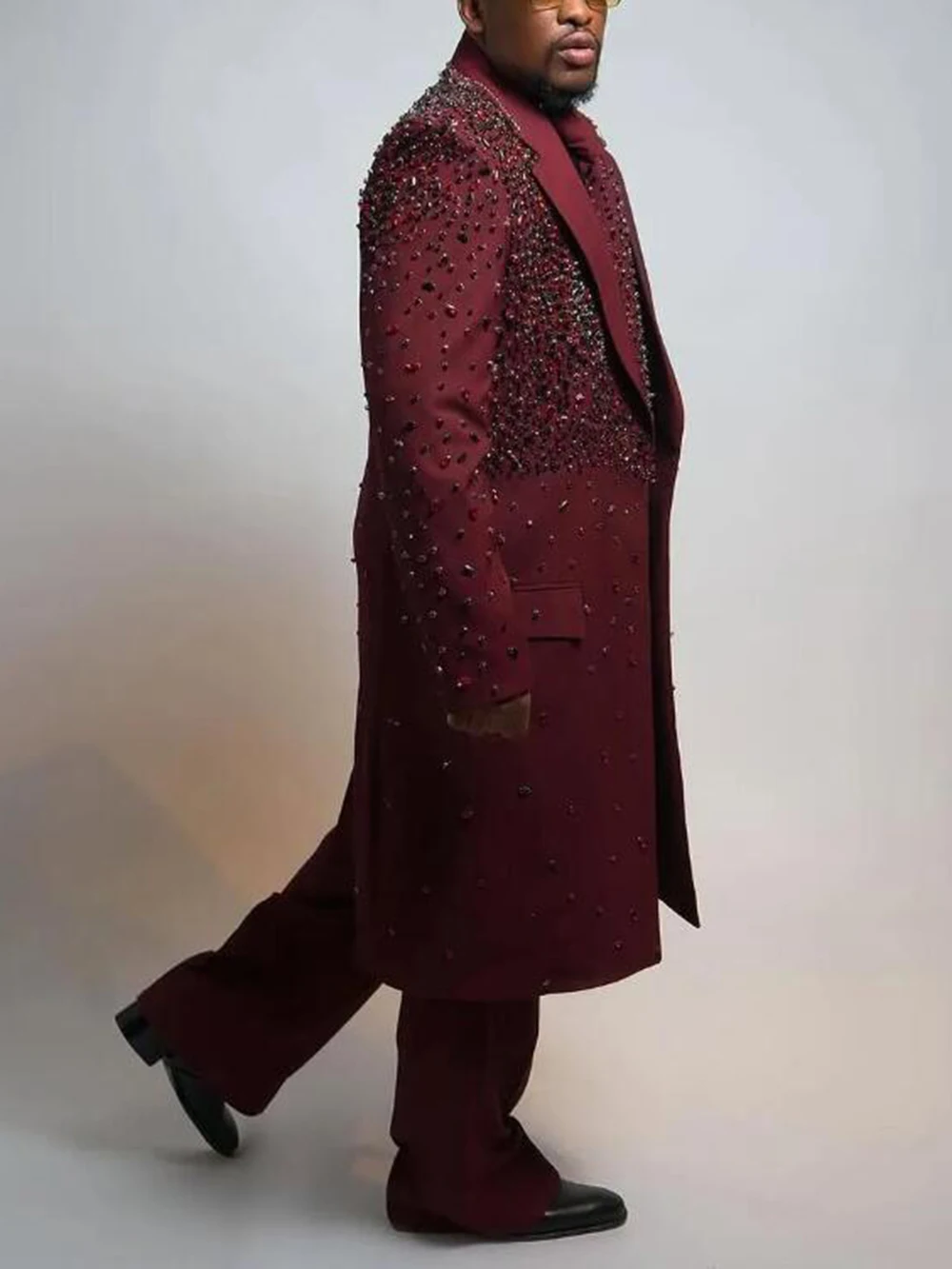 Luxury Men's Suit Peaked Lapel Customized 2 Pieces Set Jacket Crystal Beading Long Blazer Plus SIze Overcoat Pants Man Clothing