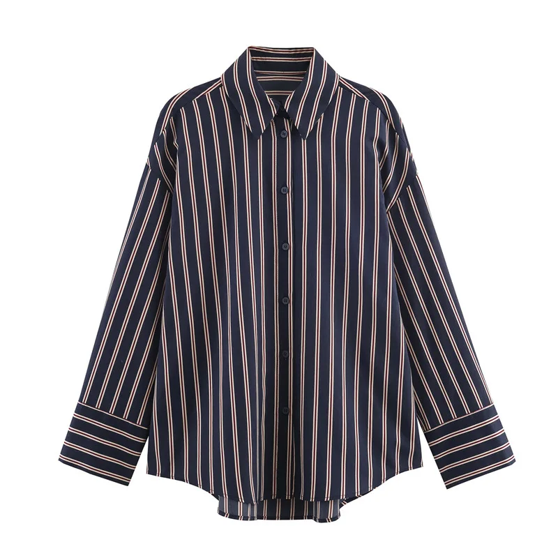

Fashionable and Elegant Casual Versatile Loose Fit Turn-Down Collar Striped Shirt