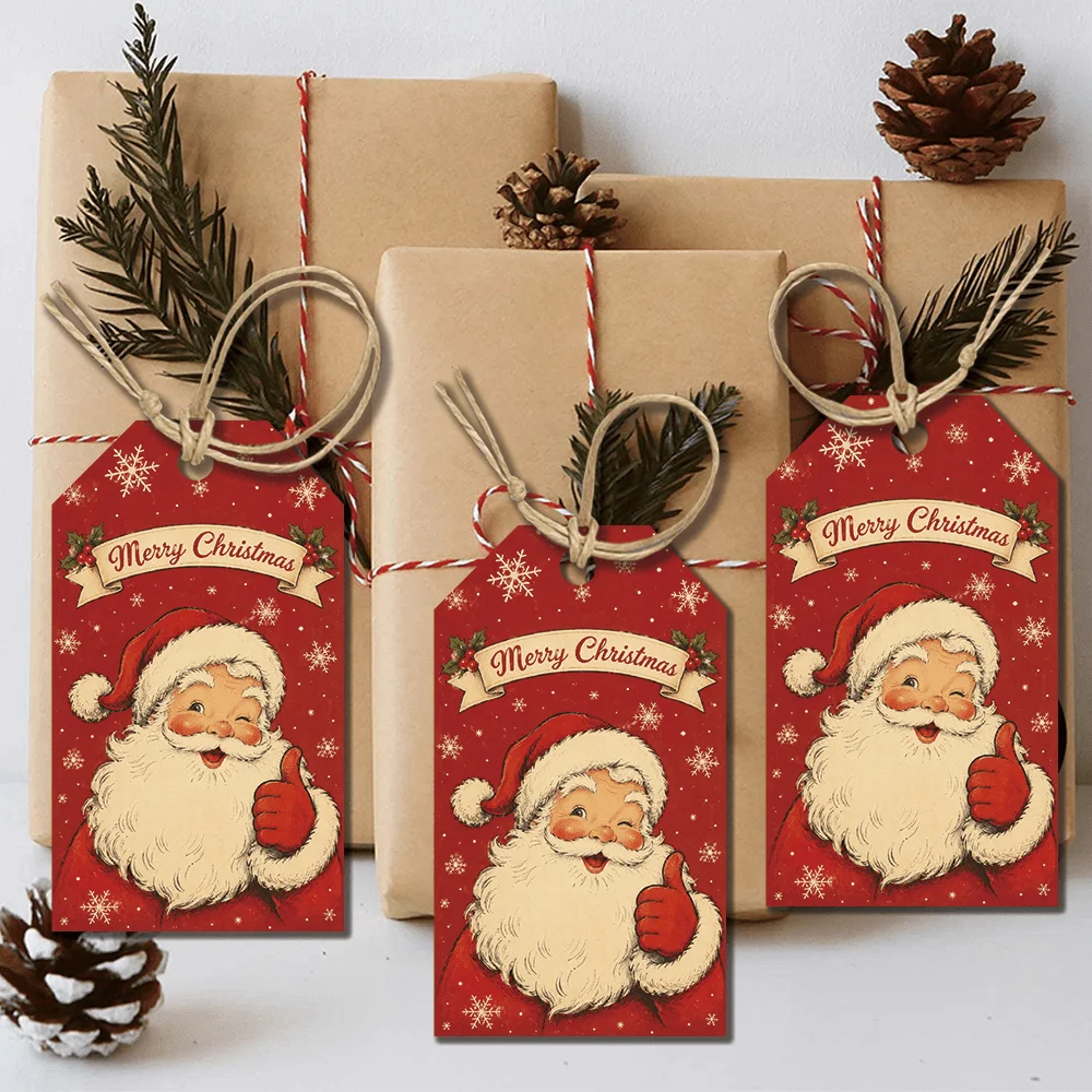 40pcs Retro Red-Base Santa Claus Decorative Tags, Holiday Gift Labels, Party Decorations, Handmade Packaging Accents, Jute Rope