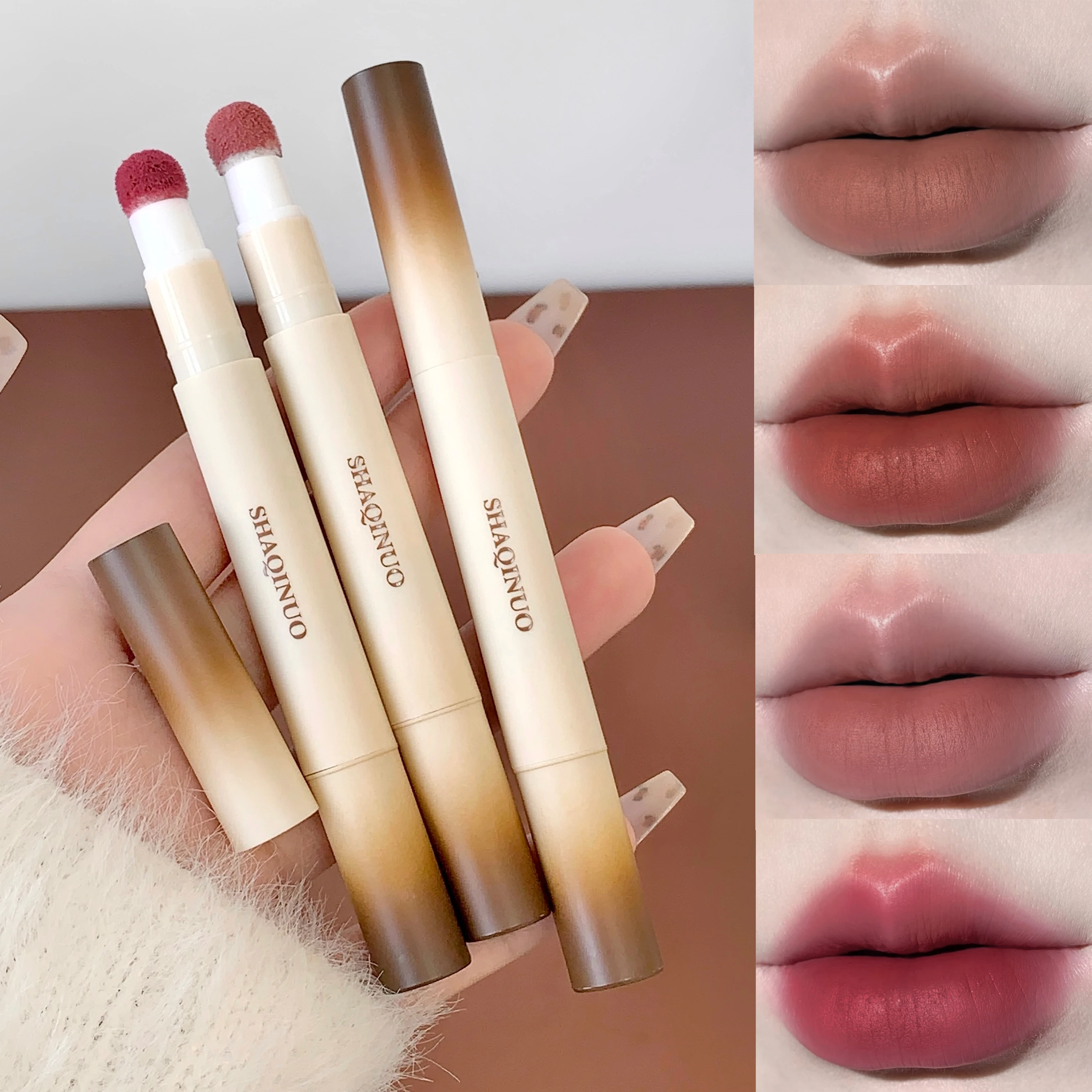 SHAQINUO Velvet Soft Lip Glaze Matte Lipstick Cream Fluffy Brush Head Long-lasting Whitening Lip Cream Waterproof Lip Mud