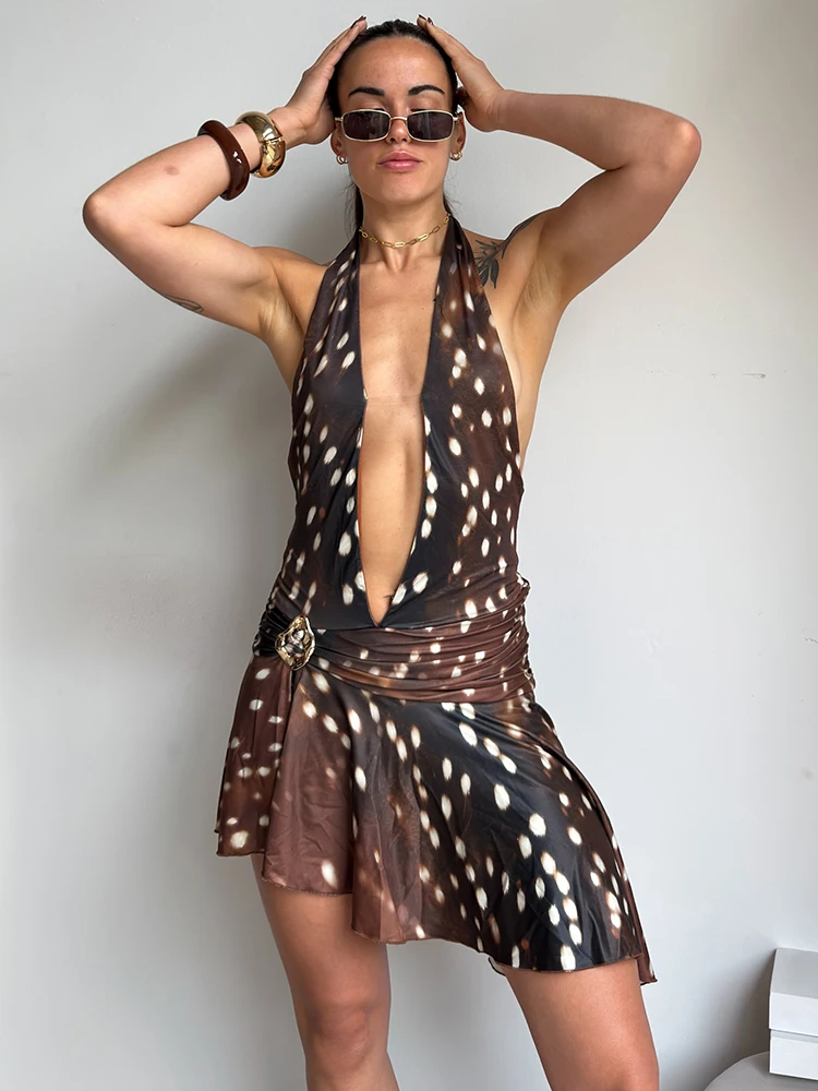 

Kliou Sexy Fashion Print 2 Piece Set Woman Halter Deep V-Neck Backless Skinny Playsuits+Metal Decoration Folds Mini Skirts Suits