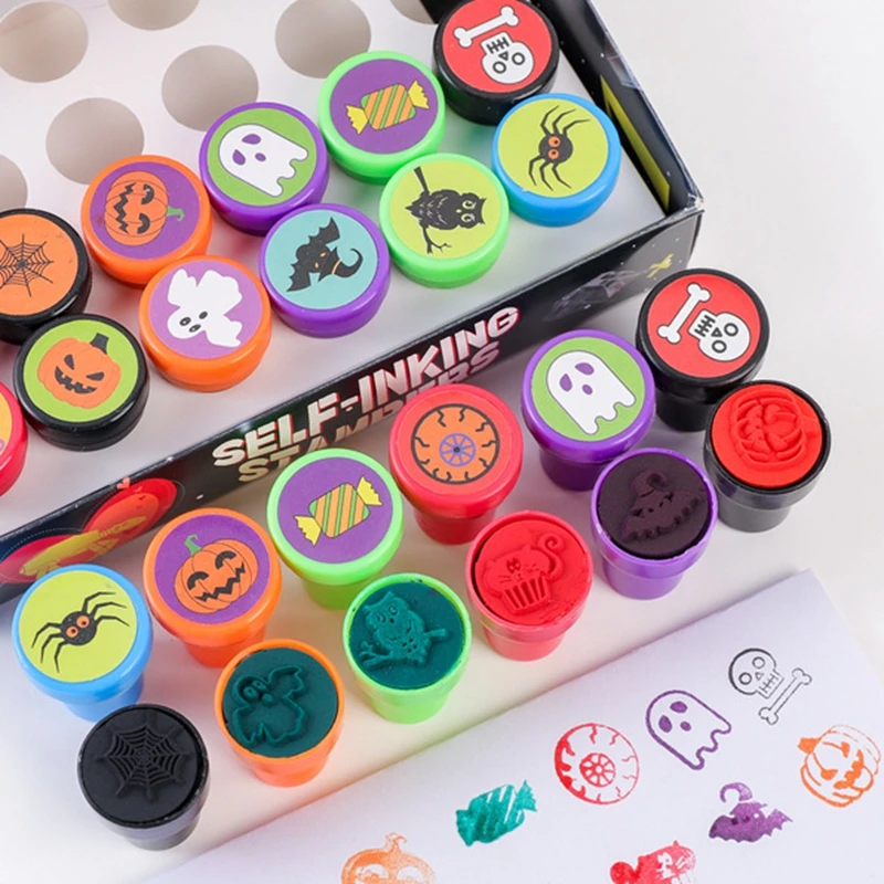 24 Stück Halloween Selbstfärbestempel Kürbis Geist Fledermaus Katze Hexe Stempel Geister-Party-Geschenke Trick or Treat Halloween-Party-Zubehör – Detail 3