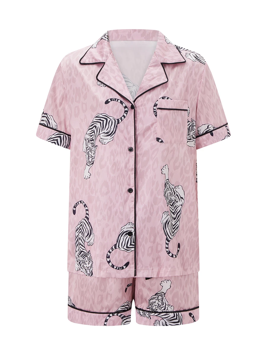 New Fashion 2 Piece Pj Cute Tiger Lounge Sets Pajamas for Women Short Sleeve Button Down Shirt and Shorts Outfits Y2k Homewear