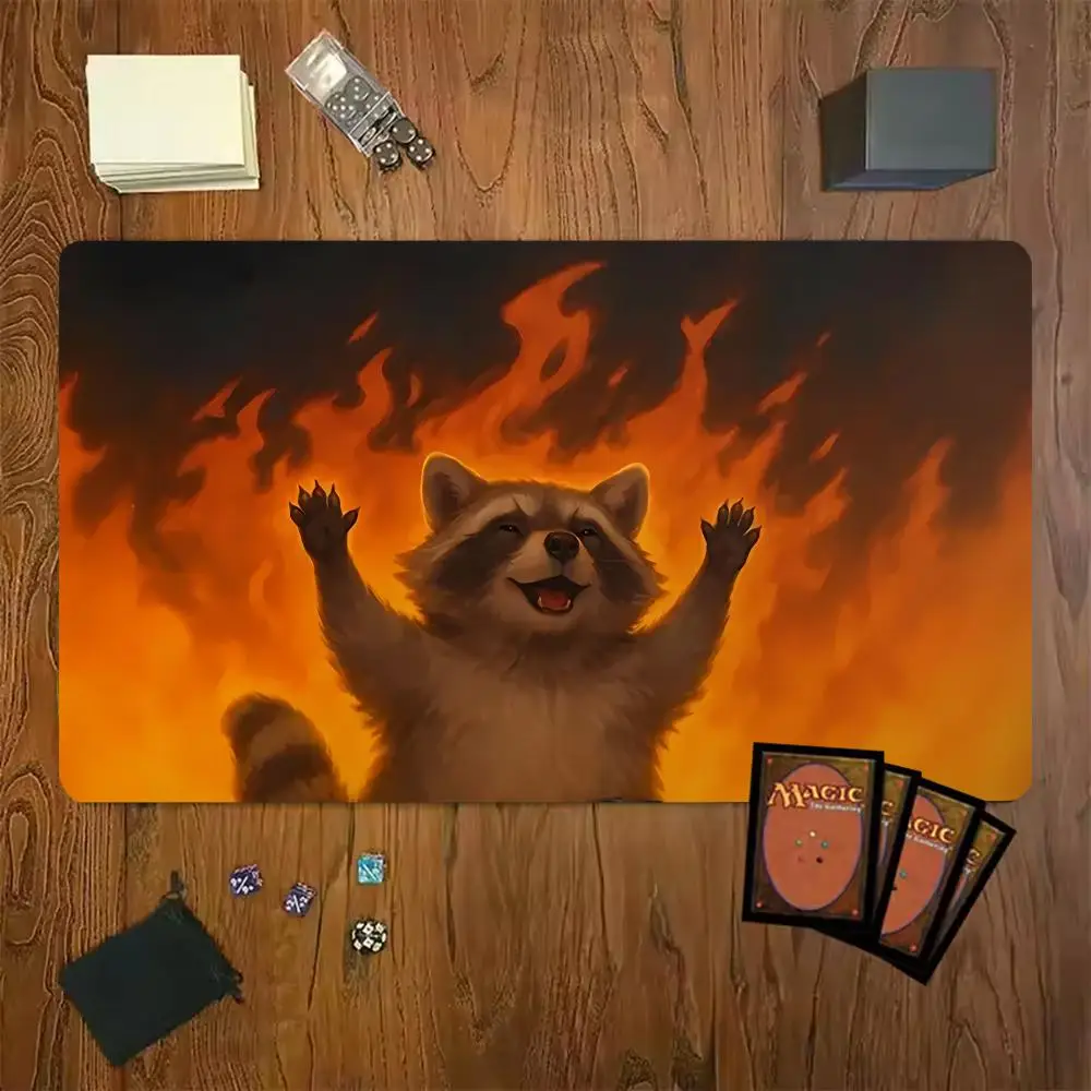 Burning Flame Raccoon Mouse Pad Card Playmat Stitched with Magic Zones Game Mats Tabletop for MTG/TCG Battle Mat