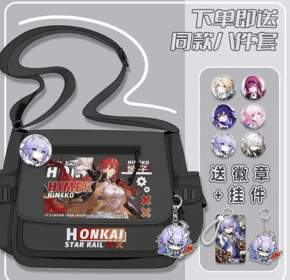 Anime Honkai: gwiazda Rail torba na ramię czarny biały Messenger kreskówka z zamek błyskawiczny z przodu odznakami Crossbody