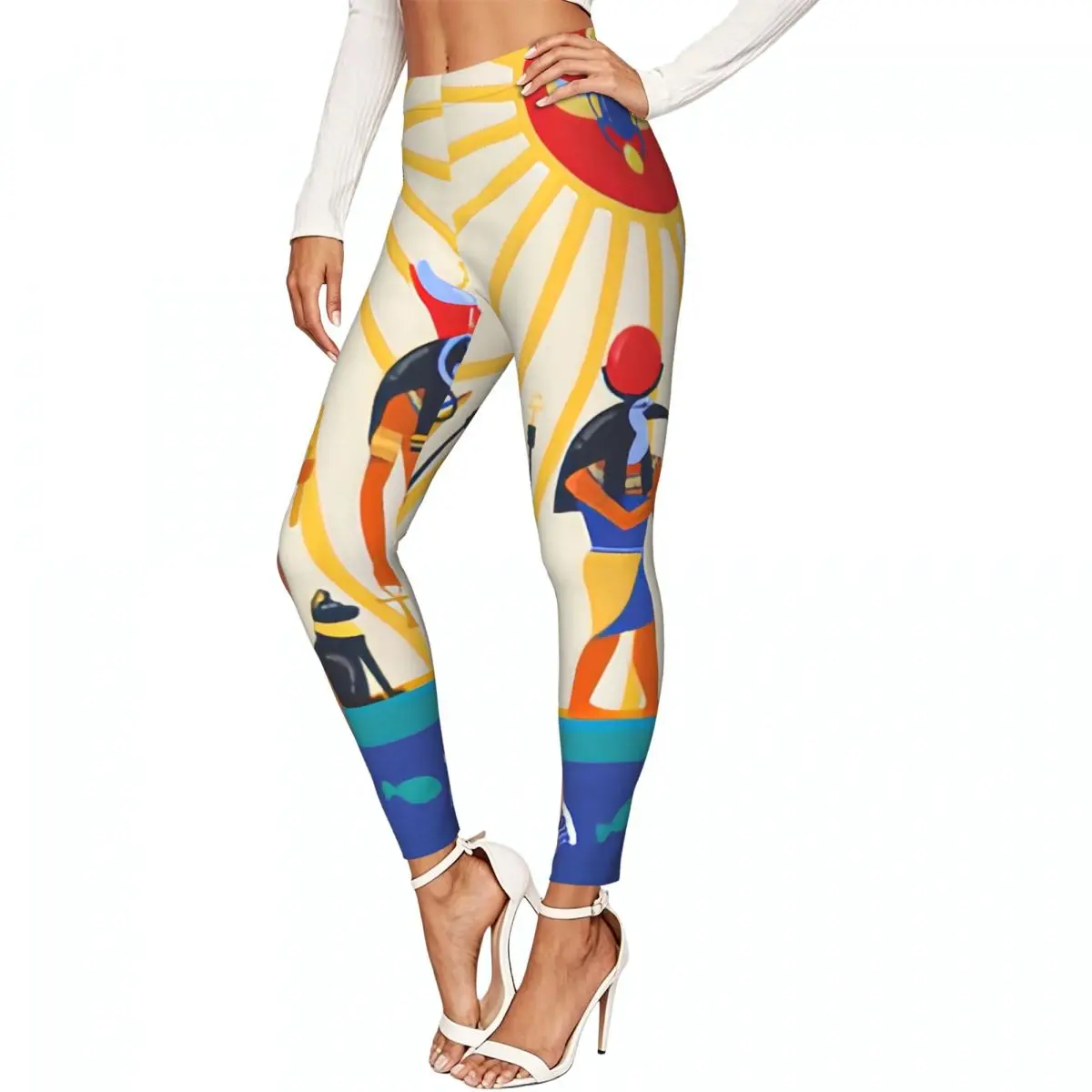 Women Full Length Elastic Leggings High Waist Tight Pants Egyptian Gods Papyrus Boat Casual Bottoms