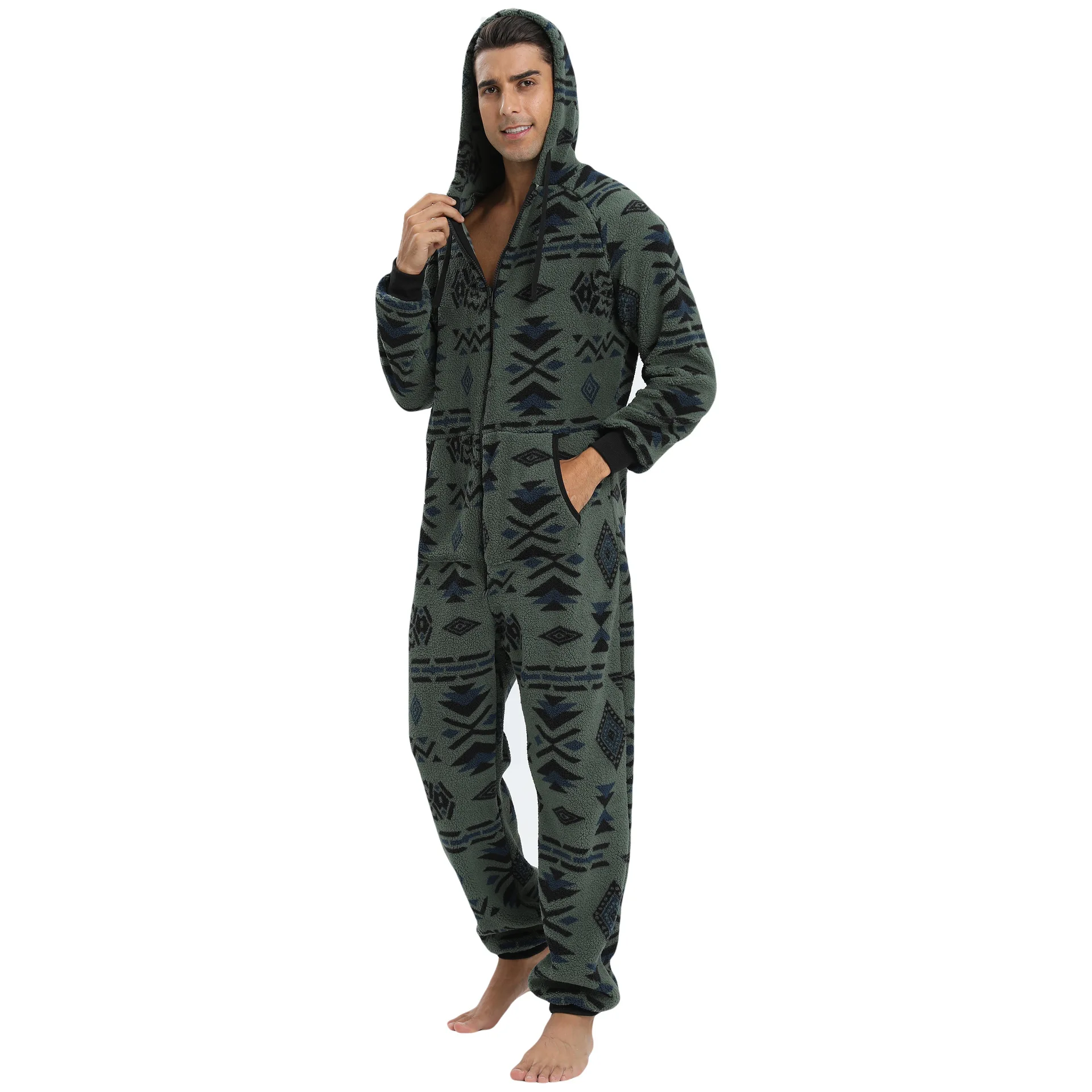 Kigurumi-Ensemble de pyjama à capuche imprimé vert pour homme adulte, vêtements de nuit chauds, olympiques généraux, automne, hiver