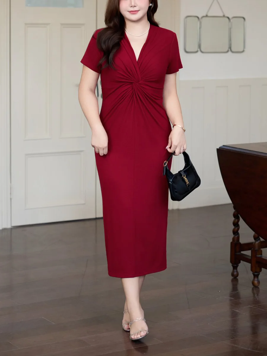 

Elegant Sexy V-Neck Knotted Short Sleeve Red Dress Plus Size Women OL Slim Premium Package Hip Back Slit Black Dresses
