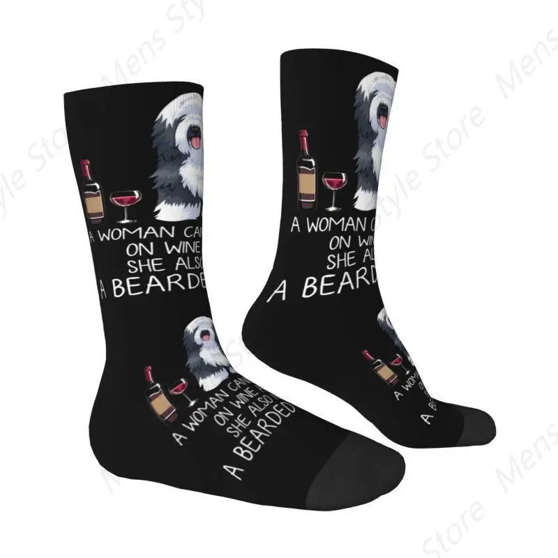 Funny Wine And Bearded Collie Dog Socks Women Men Warm 3D Print Funny Football Sports Socks