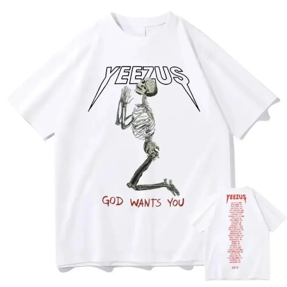 Men\'s T-shirt God Wants You Kanye West Double Sided Printed T-shirt Streetwear Skull Graphic Short Sleeve Oversized Men Clothes